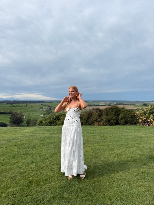 Marguerite Halter Maxi Dress White Polka